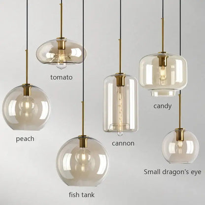 Set of six modern brass and glass pendant light with iron finish and cord pendant installation for dining room use