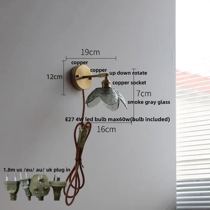Copper wall sconce with a smoke gray glass LED shade and e27 bulb for modern bedroom lighting with pull chain