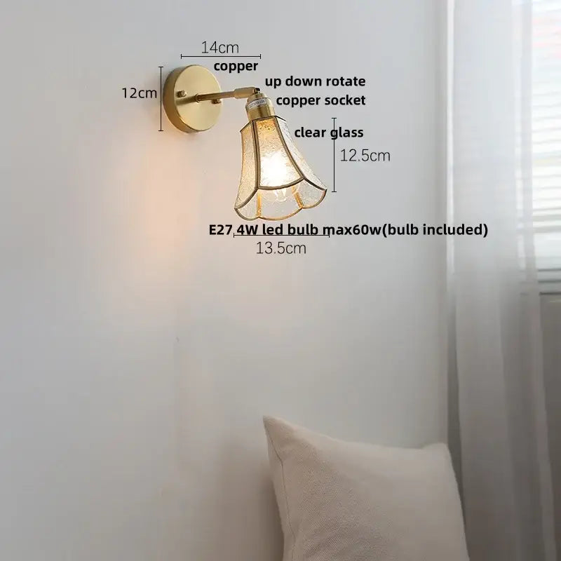 Modern brass and gray glass led wall sconce with copper up-down rotating socket and clear glass shade for bedroom lighting