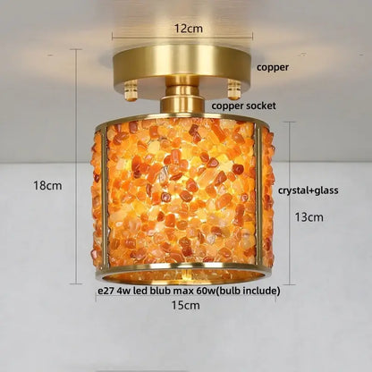 Modern brass and green decorbites crystal glass led ceiling light with amber mosaic glowing warmly for bedroom decor