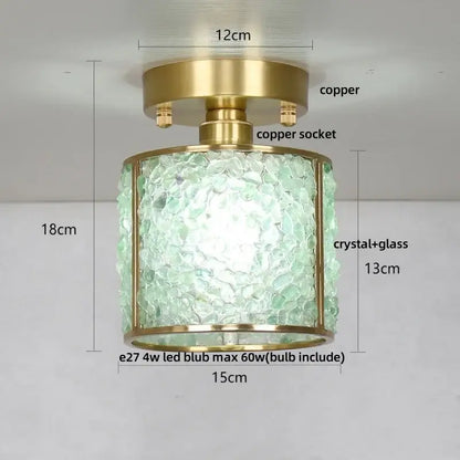 Modern brass and green crystal glass led ceiling light with pale green textured decorbites crystal glass shade for bedroom