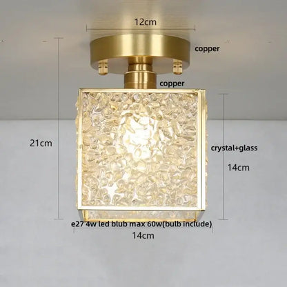 Modern brass and green crystal glass led ceiling light with textured crystal glass panel framed in polished copper for bedroom decorbites crystal glass