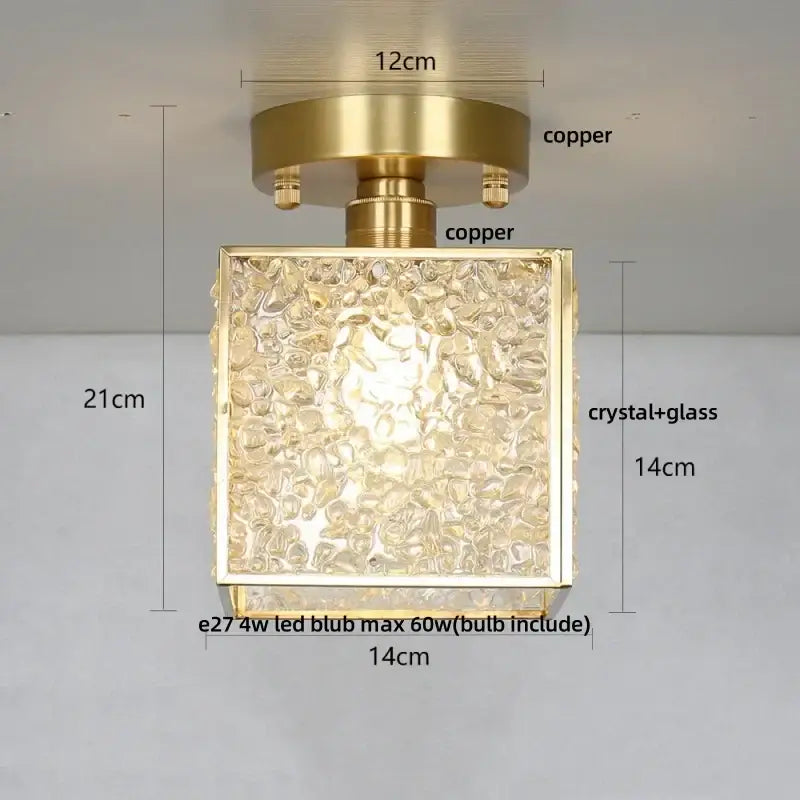 Modern brass and green crystal glass led ceiling light with textured crystal glass panel framed in polished copper for bedroom decorbites crystal glass