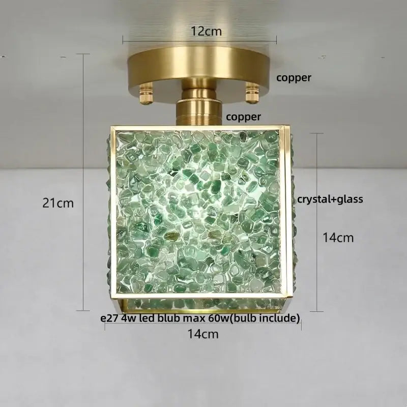 Modern brass and green crystal glass led ceiling light with decorbites crystal glass pieces for bedroom decor