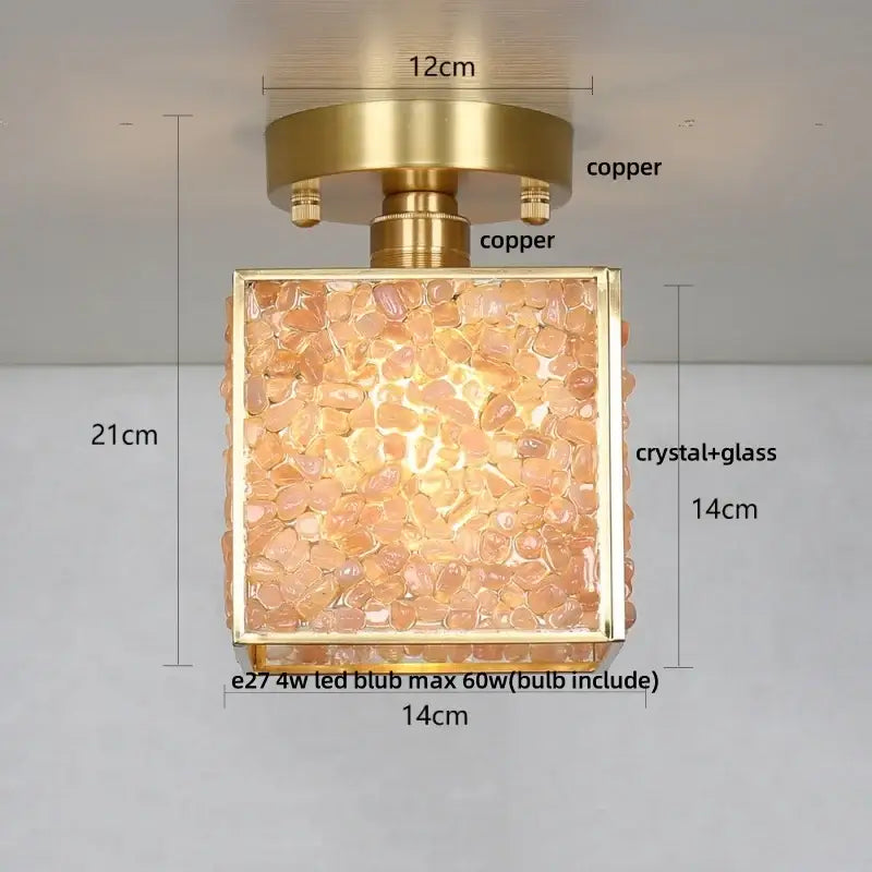 Modern brass and green crystal glass led ceiling light with a square brass copper frame and peach decorbites crystal glass face