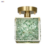 Modern brass and green crystal glass led ceiling light with square brass frame and decorbites crystal glass panel