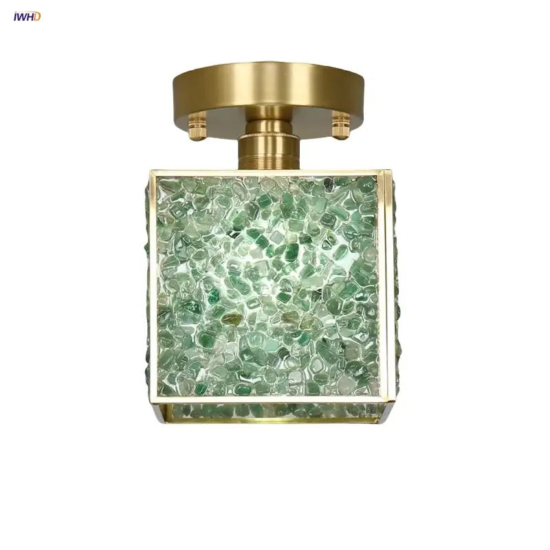 Modern brass and green crystal glass led ceiling light with square brass frame and decorbites crystal glass panel