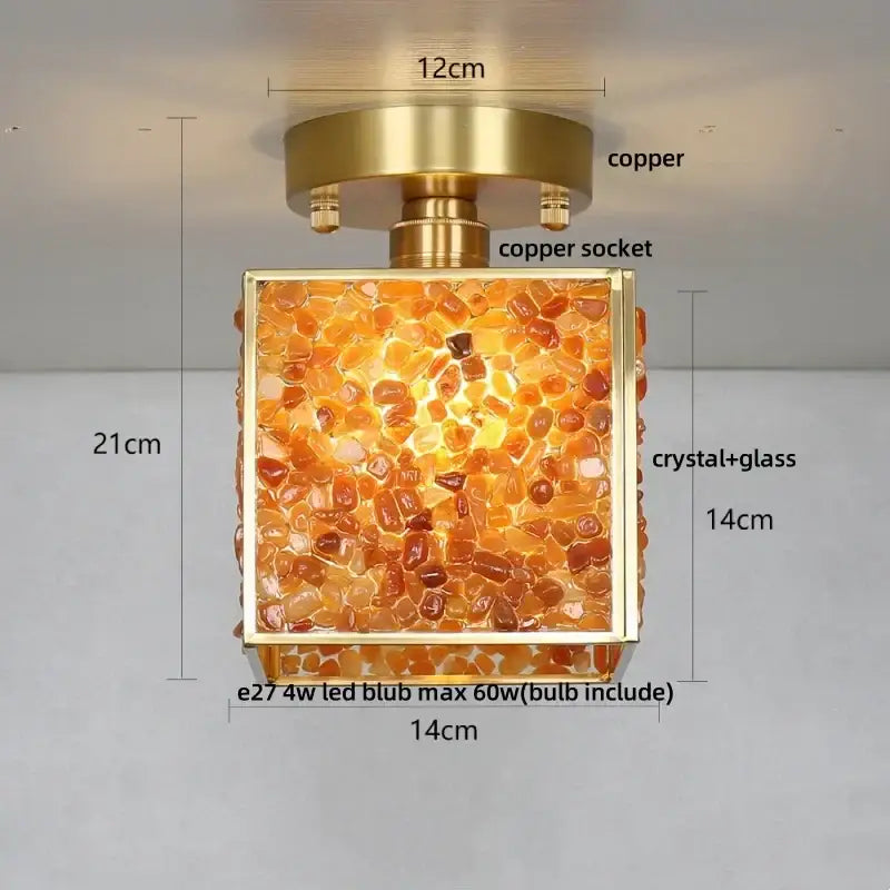Modern brass and green crystal glass led ceiling light with copper frame and amber-orange decorbites crystal glass panel