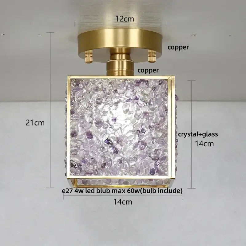 Modern brass ceiling light with a copper frame and decorbites crystal glass led panel filled with purple amethyst stones