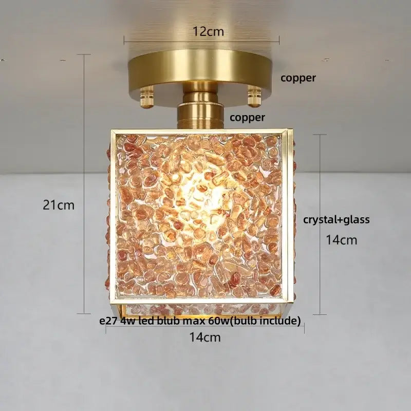 Modern brass and green crystal glass led ceiling light with a brass copper frame and amber stone crystal glass panel