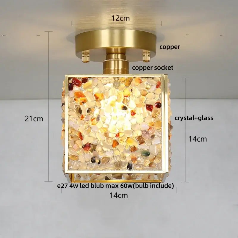 Modern brass and green crystal glass led ceiling light with brass copper finish and decorbites crystal glass mosaic face