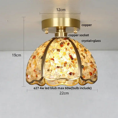 Modern brass and green crystal glass led ceiling light with amber pendant, copper base, and colorful stone-embedded shade decorbites crystal glass