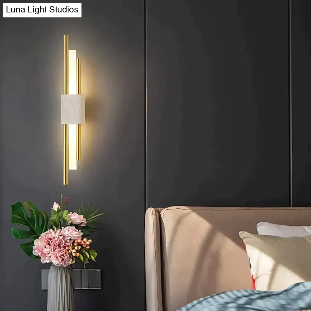 Modern brass and green marble led wall lamp with gold toning and white rectangular accent for living room lighting