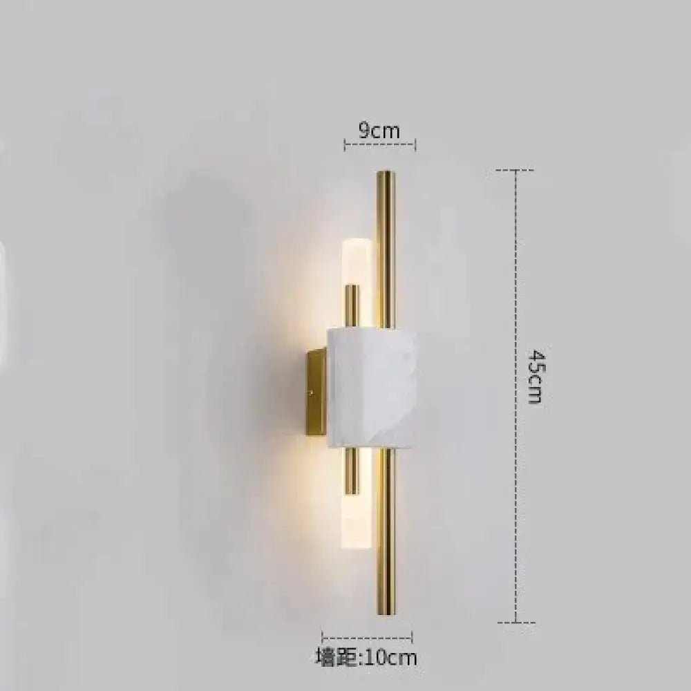 Modern brass and green marble led wall lamp featuring gold-toned sconce with white marble and vertical lights