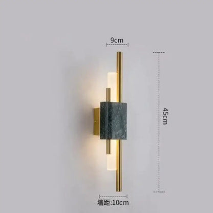Modern brass and green marble led wall lamp with gold-toned sconce and frosted glass for living room lighting