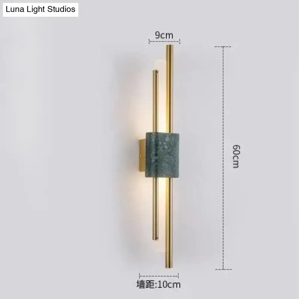Modern brass and textured teal-green marble led wall lamp with two vertical rods for living room lighting