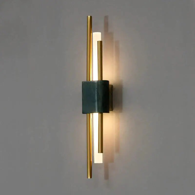 Modern brass and green marble led wall lamp featuring gold-toned metal rods and a marble led wall accent band