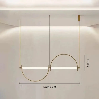 Modern brass pendant light with two horizontal led bars and a polished chrome finish curved circular frame for dining room