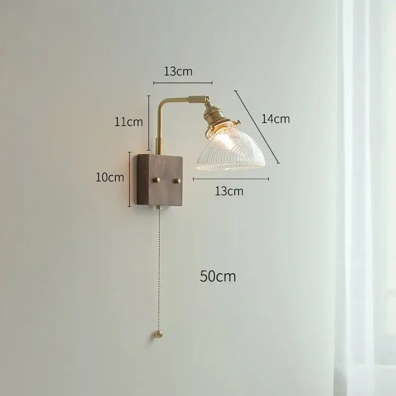 Modern brass wall lights with ribbed clear glass shade and pull-chain switch for bedroom decorbites clear glass sconce
