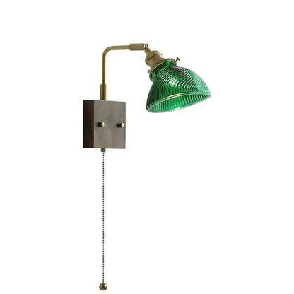 Modern brass and ribbed clear glass wall lights feature a green ribbed glass lampshade with a pull chain decorbites clear glass