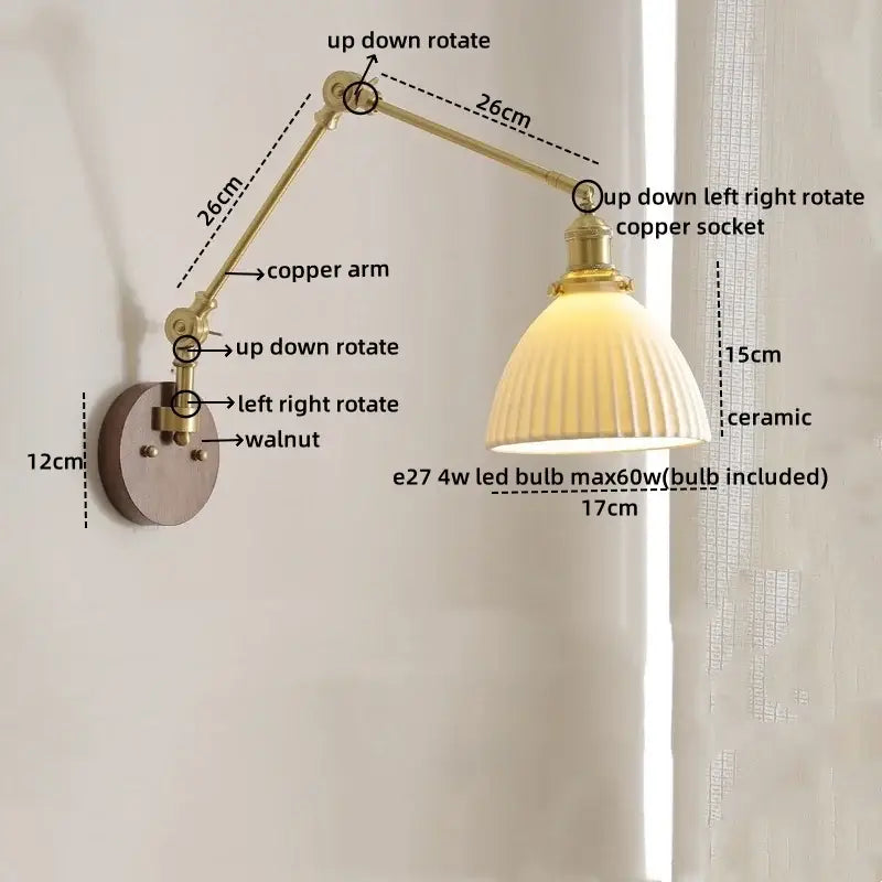 Adjustable modern brass wall lamp with a ribbed ceramic shade and led wall lighting suitable for bedroom use