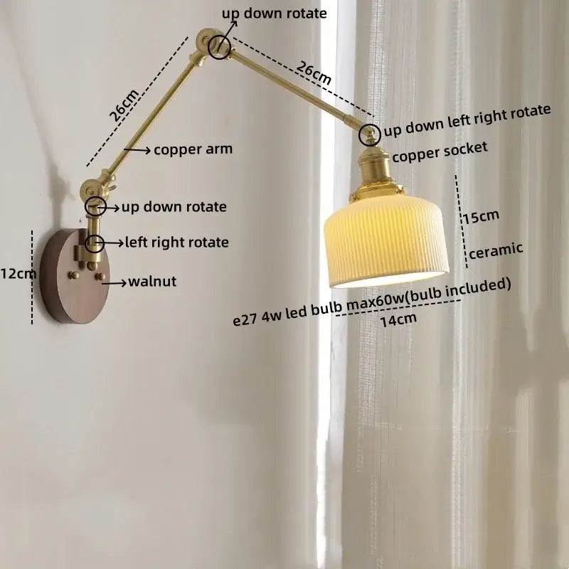 Adjustable brass copper arm wall lamp with ribbed ceramic lampshade modern led wall lamp for bedroom lighting