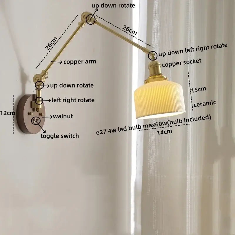 Adjustable brass wall lamp with ribbed ceramic shade modern led wall lamp with pull chain for bedroom lighting