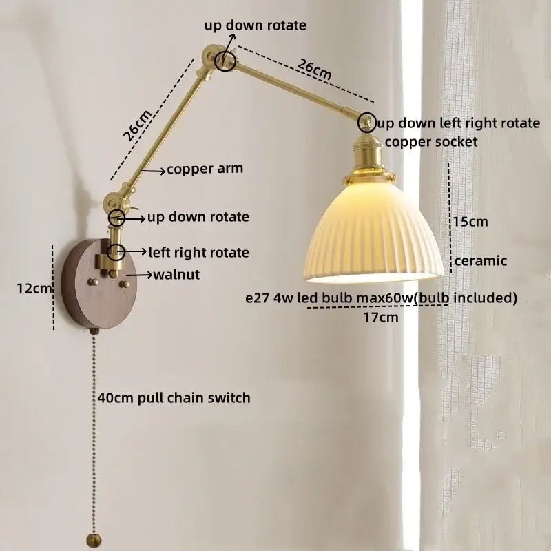 Adjustable brass-arm wall lamp with ribbed ceramic shade modern led wall lamp for bedroom with pull chain light