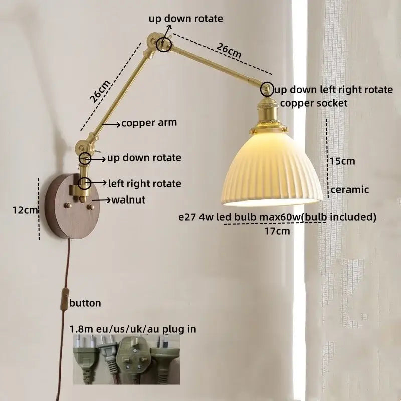 Adjustable brass-finished copper arm wall lamp with ribbed ceramic lampshade for modern led wall lighting