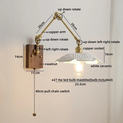 Adjustable copper-arm wall lamp with white ceramic shade and walnut mount ideal for modern led wall lamps