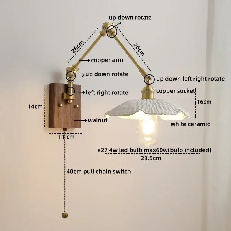 Adjustable copper-arm wall lamp with white ceramic shade and walnut mount ideal for modern led wall lamps