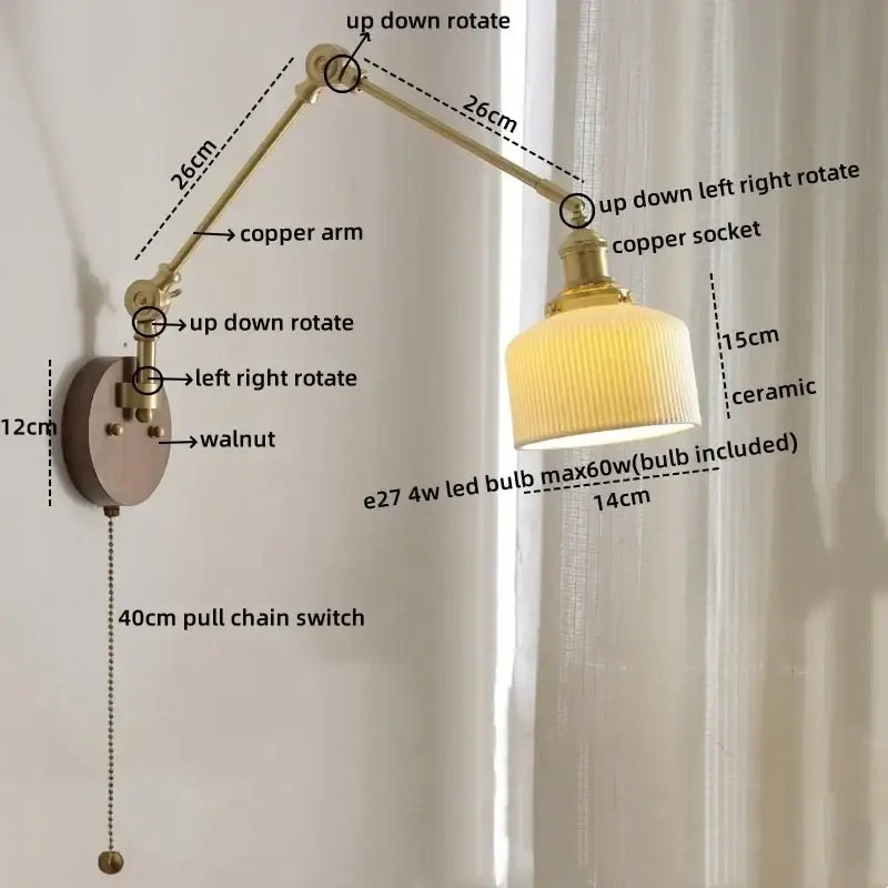 Modern adjustable brass wall lamp with ribbed ceramic shade led wall lamp with pull chain for bedroom lighting