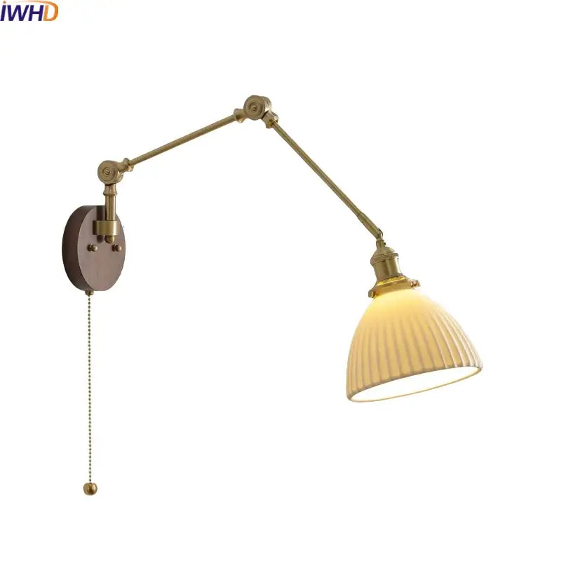 Modern brass and ribbed glass led wall lamp with adjustable brass finish and cream ribbed glass shade pull chain light