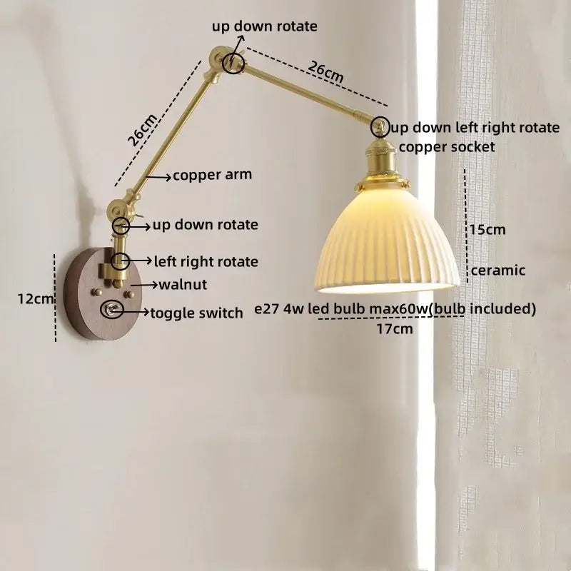 Adjustable brass wall lamp with ribbed cream ceramic shade modern led wall lamp with pull chain for bedroom use