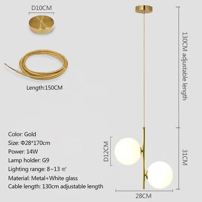 Modern brass pendant light with two white glass globes and 130cm adjustable cable for dining room lighting