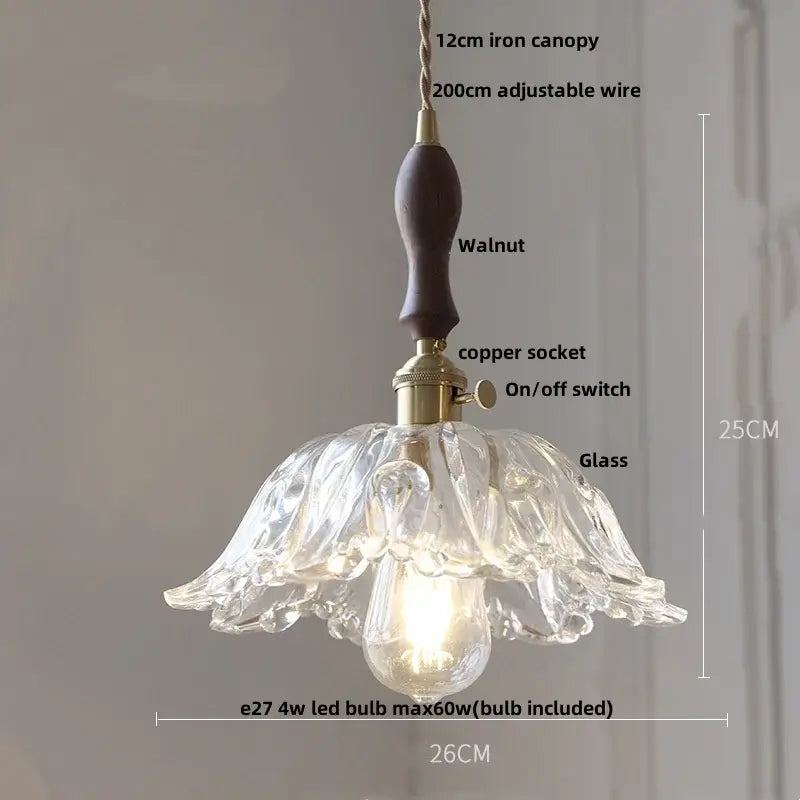 Modern brass knob switch pendant light with decorbites clear glass and dark walnut iron canopy for kitchen lighting
