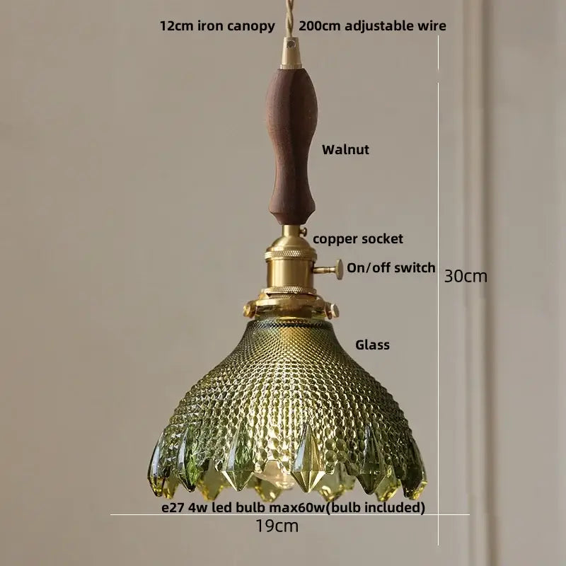 Modern brass pendant light with olive green textured glass shade, knob switch, and walnut handle for kitchen decorbites clear glass