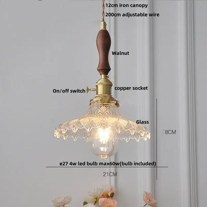 Modern brass pendant light with walnut handle, knob switch, and decorbites clear glass shade for kitchen lighting