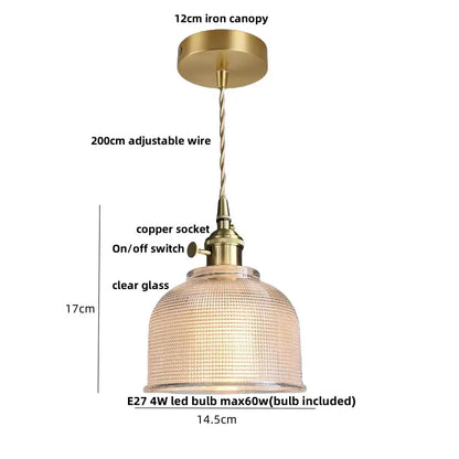 Modern brass pendant light with knob switch and textured clear glass shade featuring decorbites clear glass detail
