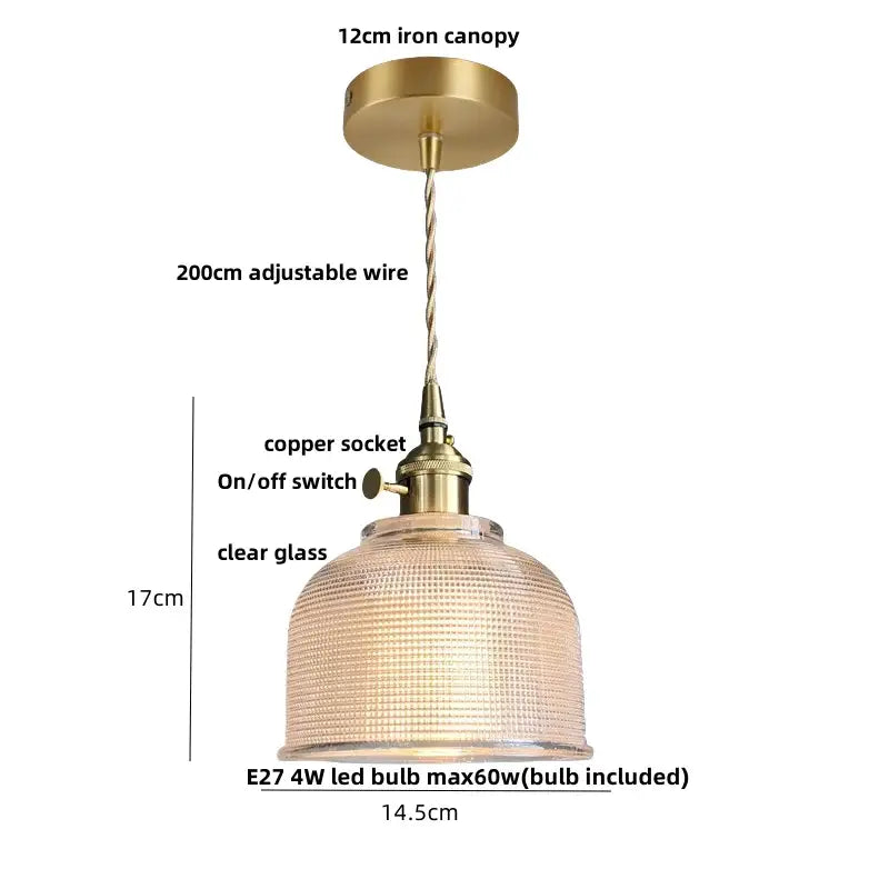 Modern brass pendant light with knob switch and textured clear glass shade featuring decorbites clear glass detail