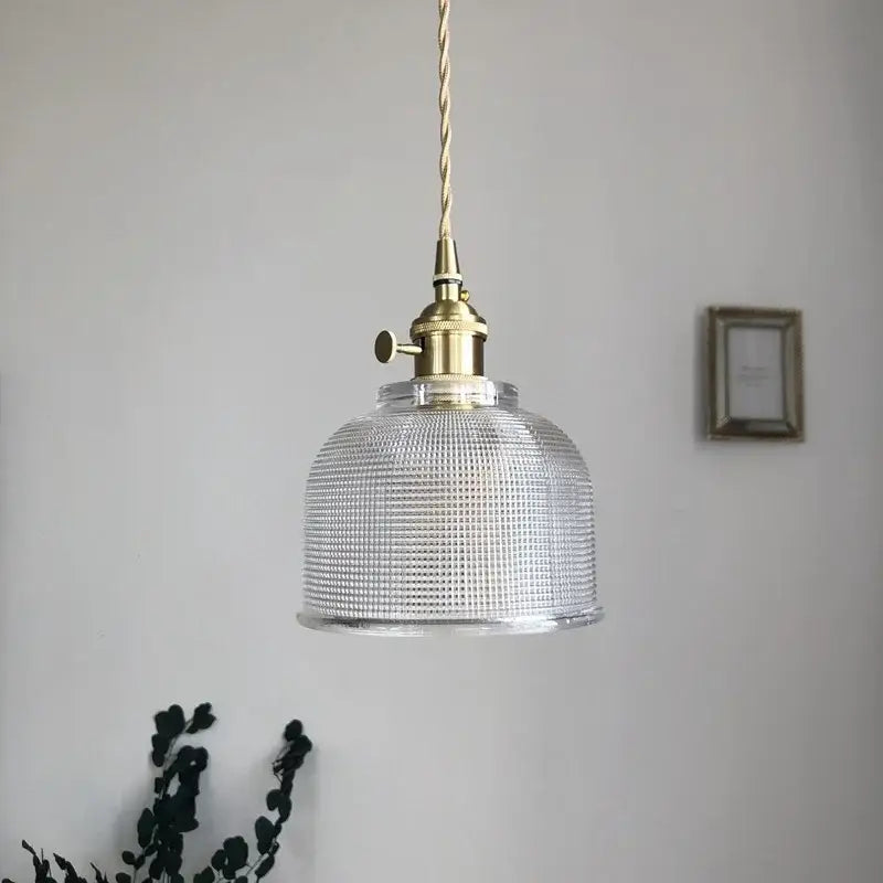 Modern brass and textured clear glass knob switch pendant light with grid pattern for kitchen decorbites clear glass design