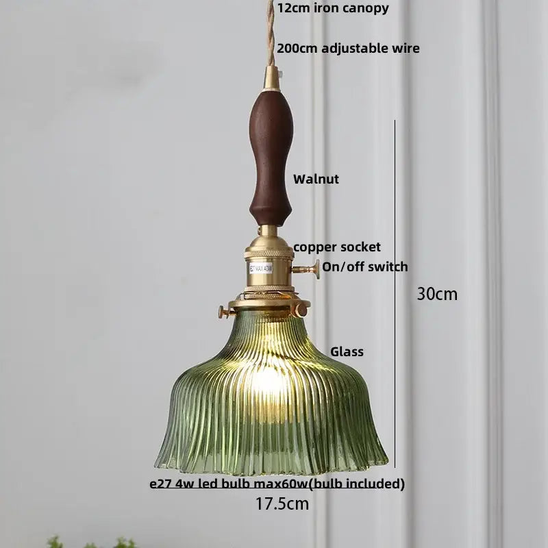 Modern brass and textured clear glass knob switch pendant light with green ribbed glass and walnut iron canopy by decorbites