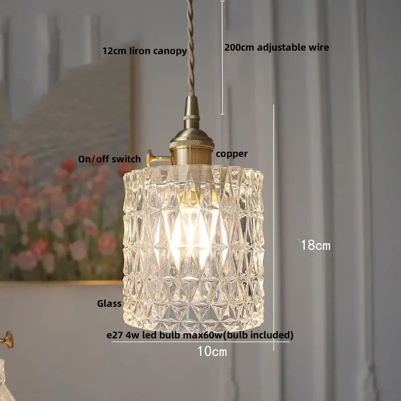 Modern brass and textured clear glass knob switch pendant light featuring decorbites clear glass and copper hardware
