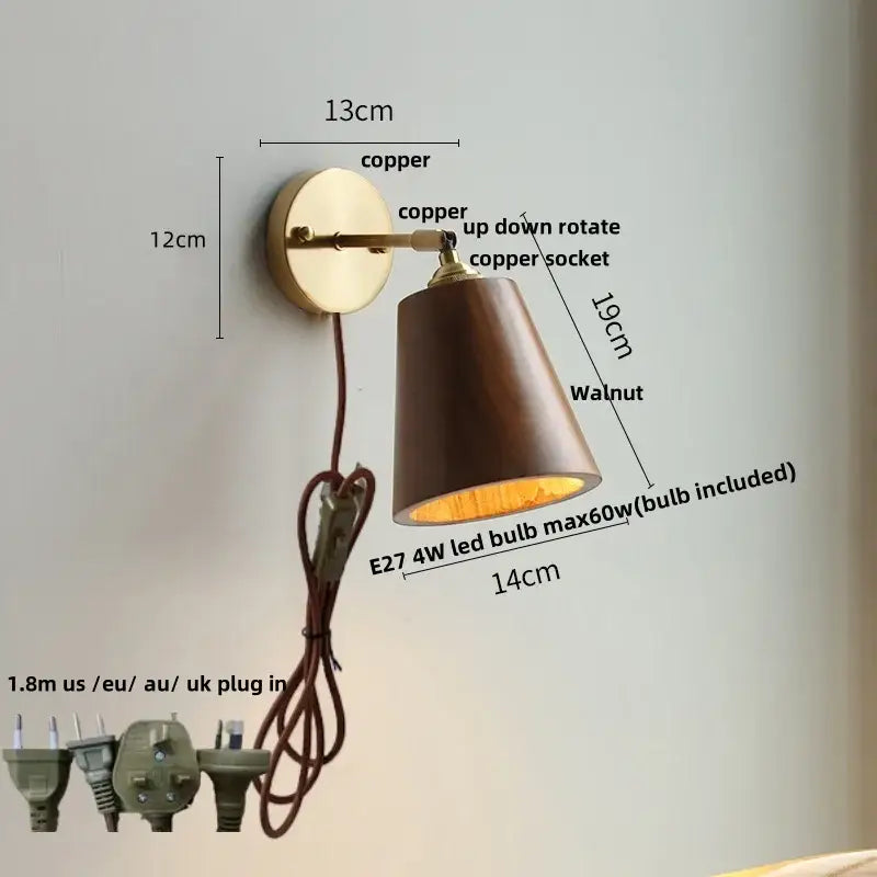 Modern brass and walnut led wall sconce with a copper metal base and tapered walnut wood shade for bedroom decorbites led walnut