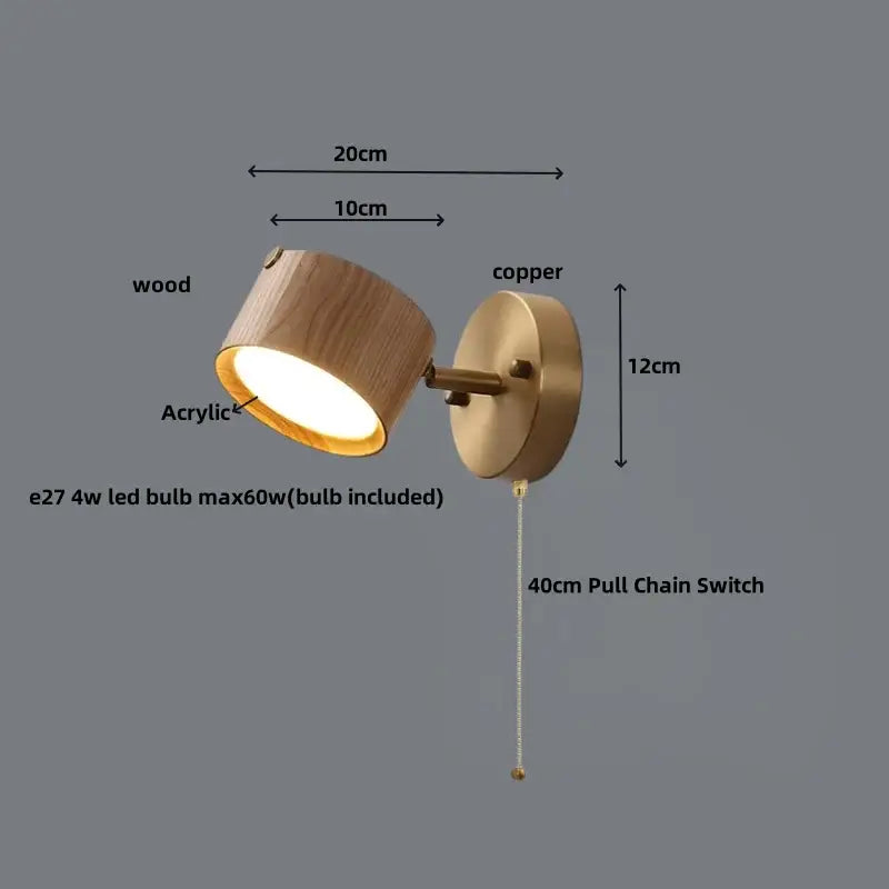 Modern brass and walnut led wall sconce with copper finish, wooden cylindrical shade, and acrylic diffuser spotlight