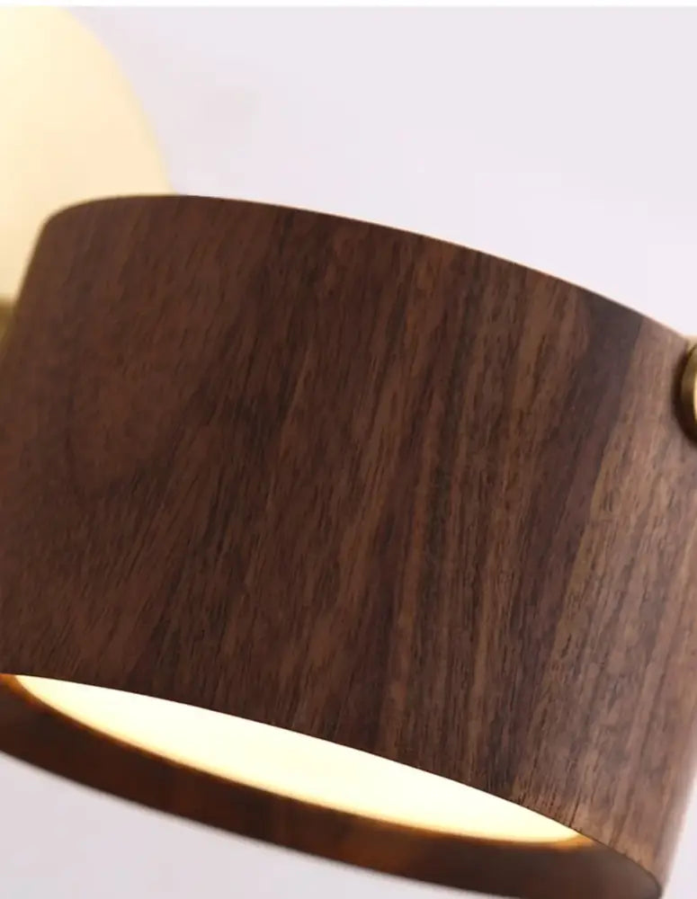 Modern brass and walnut led wall sconce with dark brown wooden lampshade and brass accent for bedroom spotlight lighting