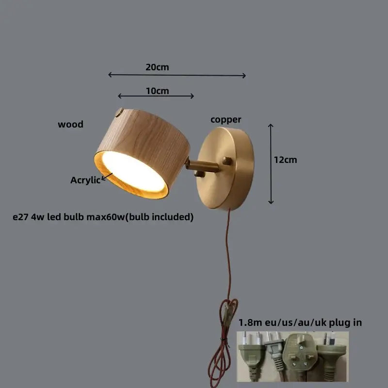 Modern brass and walnut led wall sconce with natural wood finish copper accents and acrylic diffuser for bedroom lighting