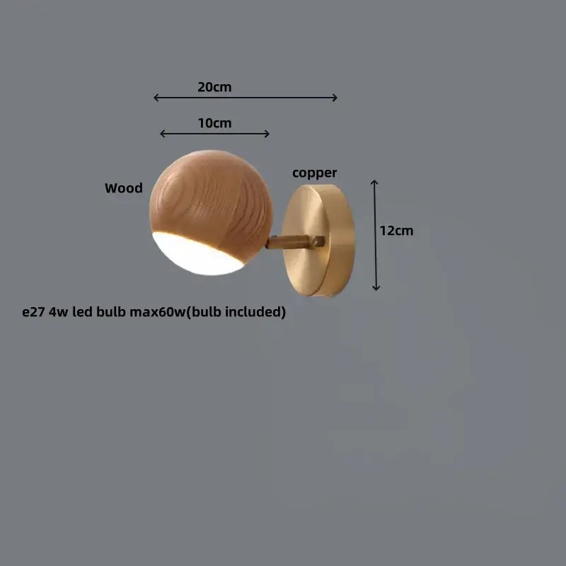 Modern brass and walnut led wall sconce with round wooden shade and copper base for bedroom spotlight lighting