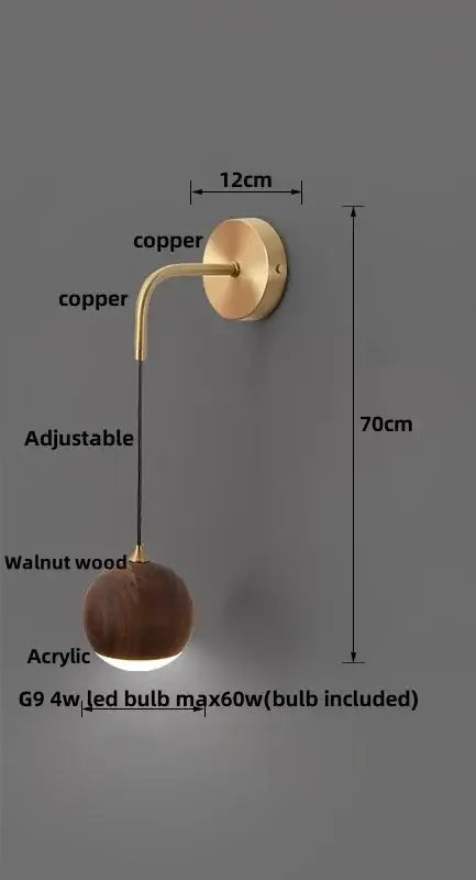 Modern brass and walnut wood wall sconce with copper arm and walnut wood spherical shade for bedroom decorbites adjustable walnut