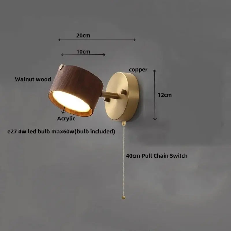 Modern brass and wood base wall sconce with walnut wood and copper finish acrylic lens for living room decorbites led wood